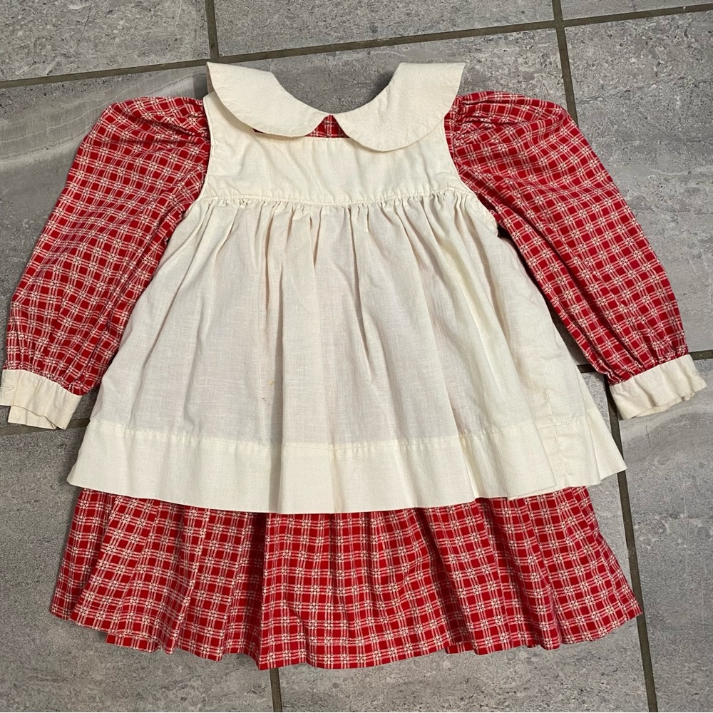 Vintage Hand Sewn Red Dress with Pinafore and Peter Pan Collar 2T